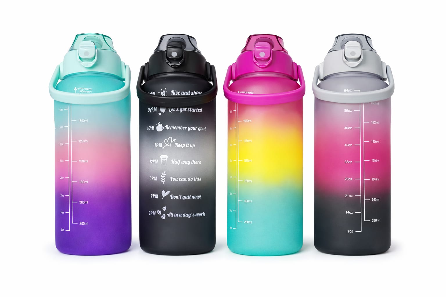 Trinkflasche Kunststoff mit Zeitmarkierung und Motivdesign Set